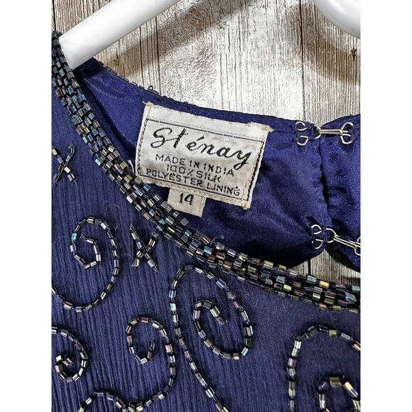 Vintage 80s Stenay Sheath Dress Womens 14 Navy Blue Silk Sequin Beaded Cocktail - Picture 6 of 7